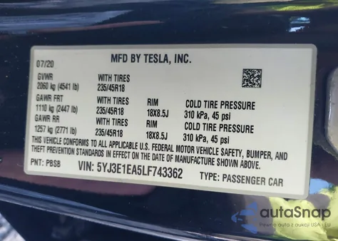 2020 Tesla Model 3 Standard Range Plus Rear-Wheel Drive/Standard Range Rear-Wheel Drive from USA, damaged, VIN 5YJ3E1EA5LF743362